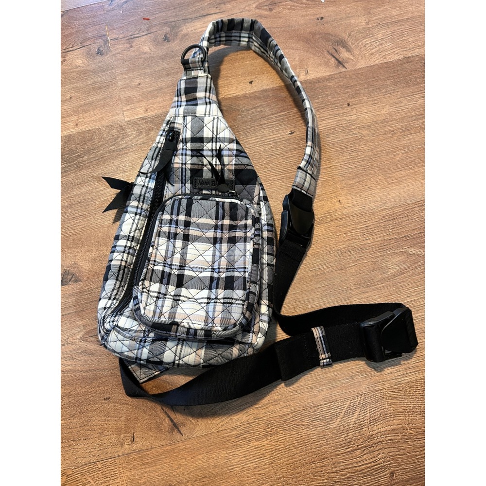 Vera Bradley Sling Bag Plaid Black White Purple Crossbody Travel Everyday